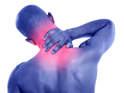 Male patient complaining of neck pain caused by muscular strain