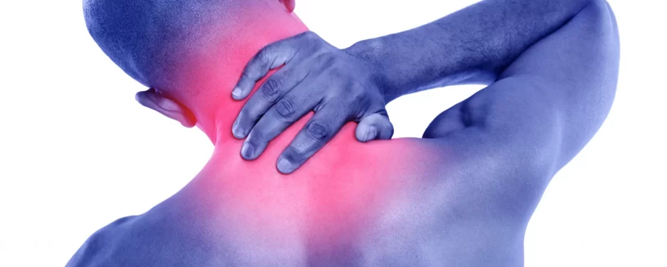 Male patient complaining of neck pain caused by muscular strain