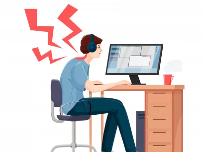 Male office worker developing neck pain due to slouching at work