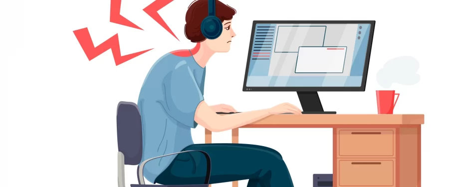 Male office worker developing neck pain due to slouching at work