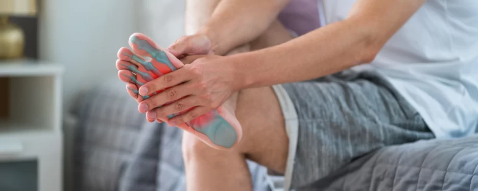 Patient holding his painful foot due to plantar fasciitis in need of osteopathy, shockwave therapy, dry needling and sports massage to treat this condition